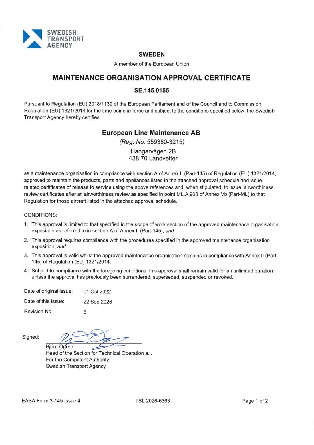 Certificate page of EASA Form 3-145 SE.145.0155