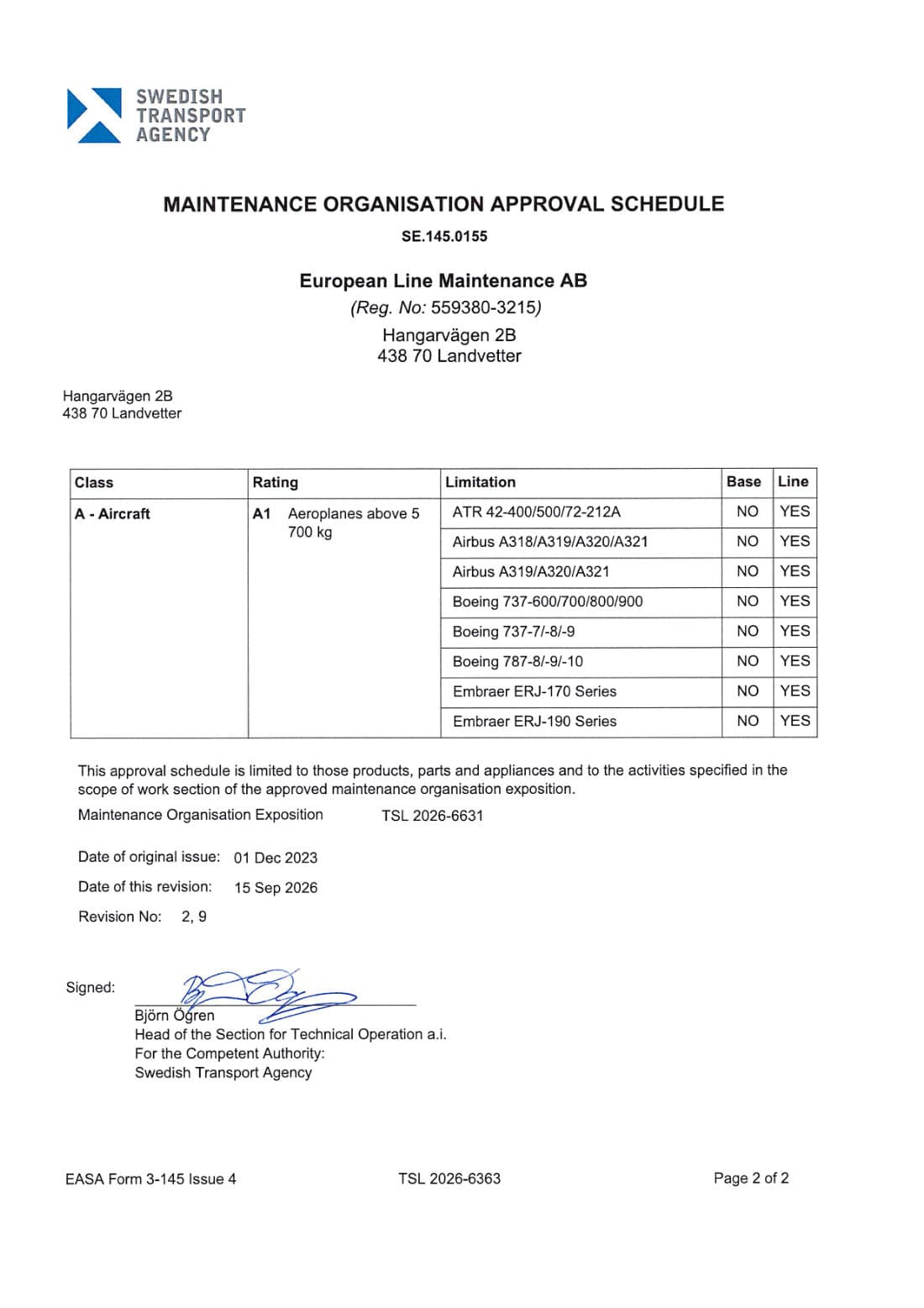 Approval schedule page of EASA Form 3-145 SE.145.0155